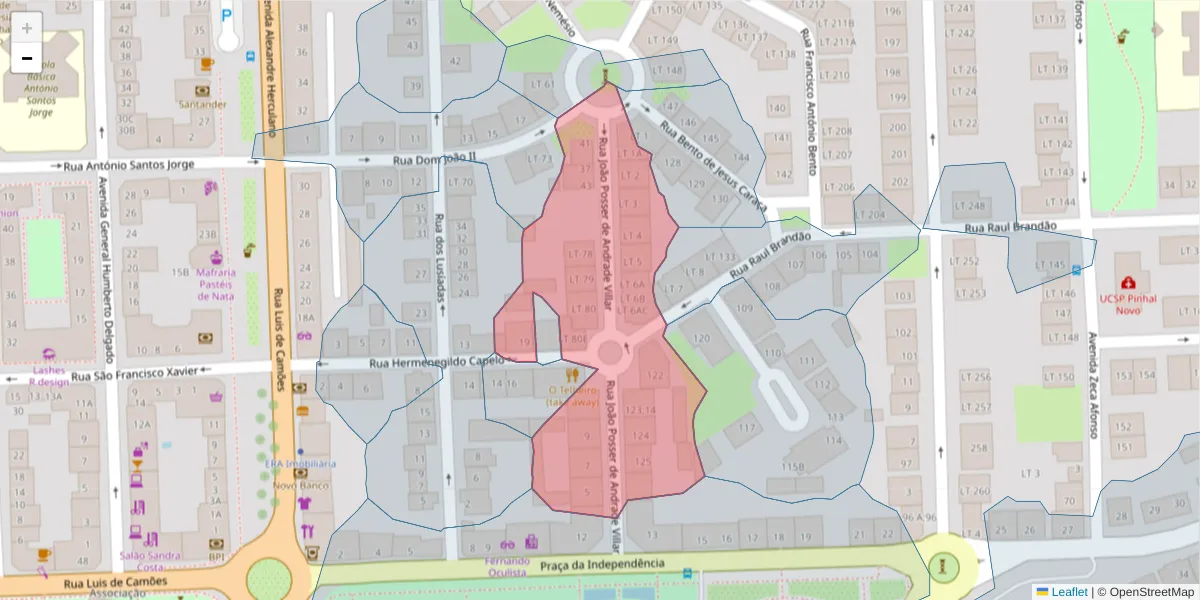 Mapa detalhado do código postal 2955-199 com limites, códigos postais vizinhos e agências dos correios
