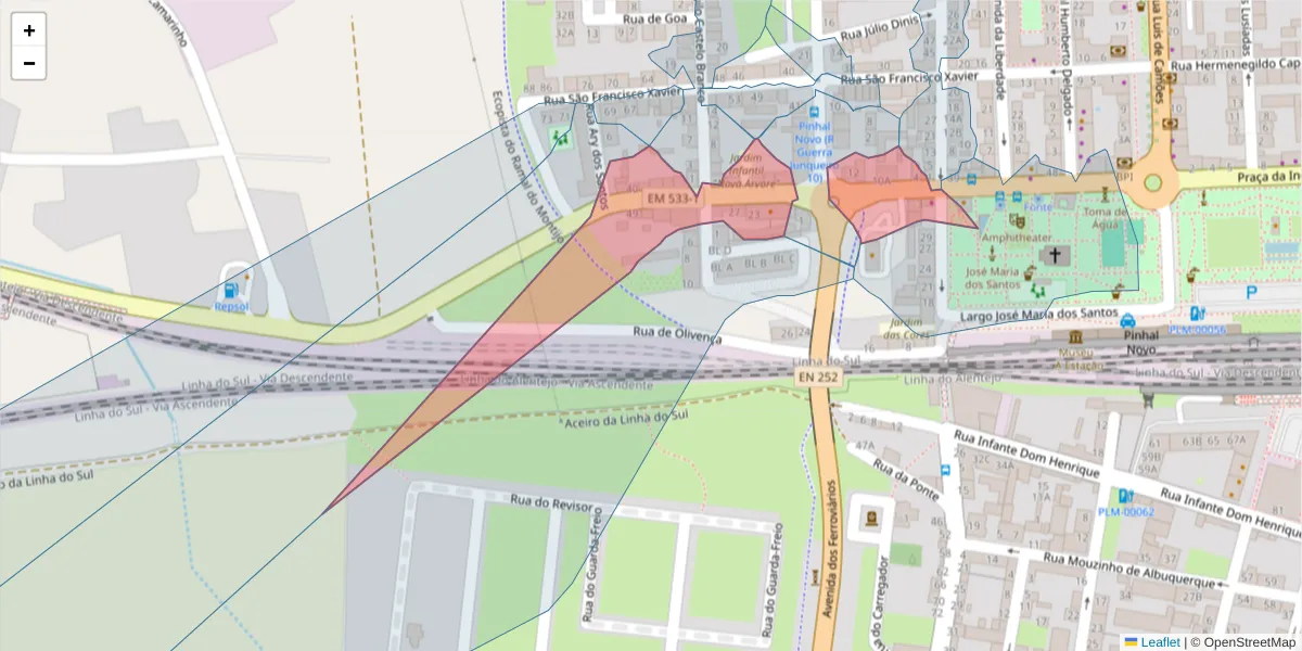 Mapa detalhado do código postal 2955-205 com limites, códigos postais vizinhos e agências dos correios
