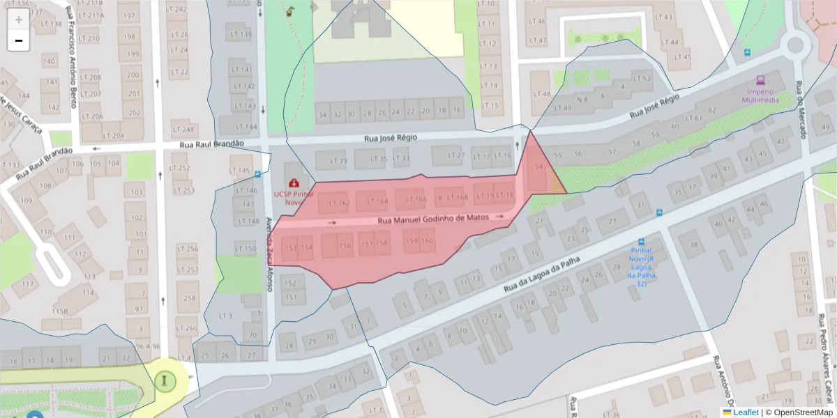 Mapa detalhado do código postal 2955-206 com limites, códigos postais vizinhos e agências dos correios