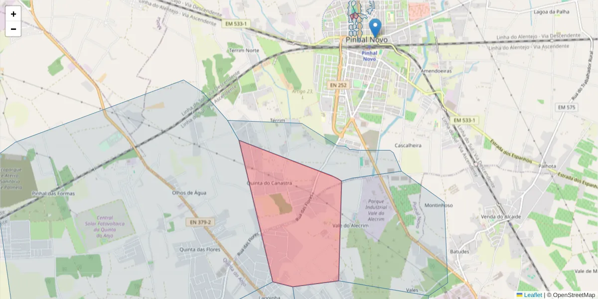 Mapa detalhado do código postal 2955-208 com limites, códigos postais vizinhos e agências dos correios