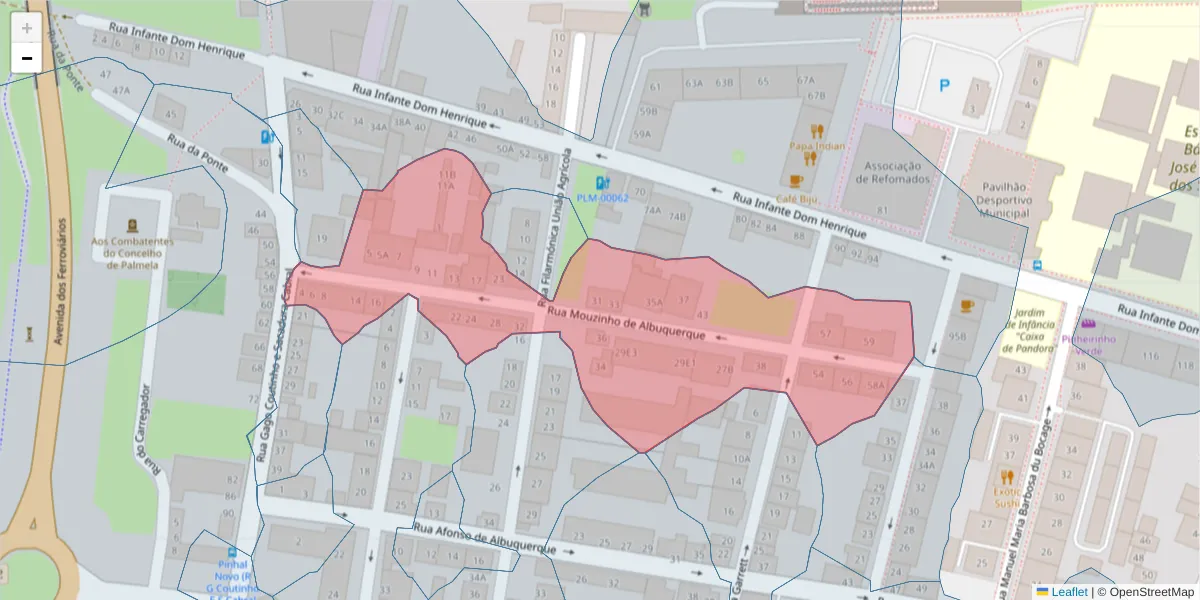 Mapa detalhado do código postal 2955-210 com limites, códigos postais vizinhos e agências dos correios