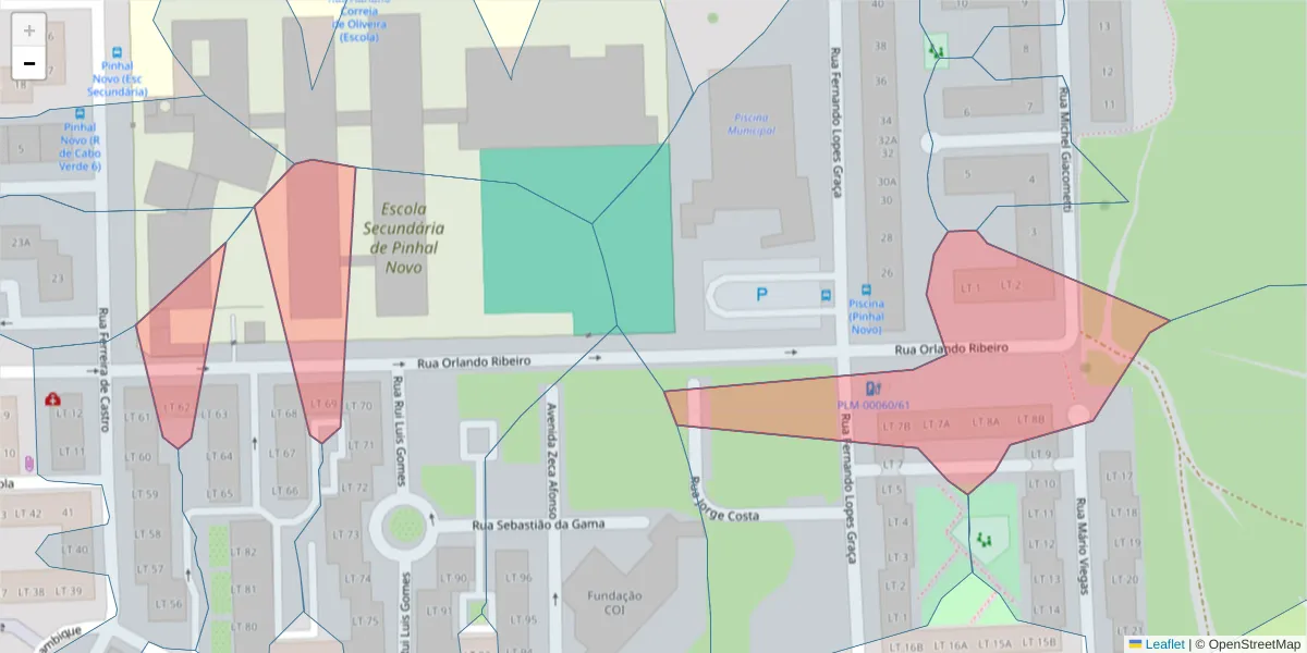 Mapa detalhado do código postal 2955-211 com limites, códigos postais vizinhos e agências dos correios