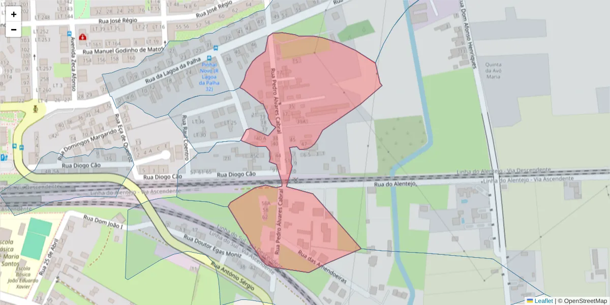 Mapa detalhado do código postal 2955-213 com limites, códigos postais vizinhos e agências dos correios