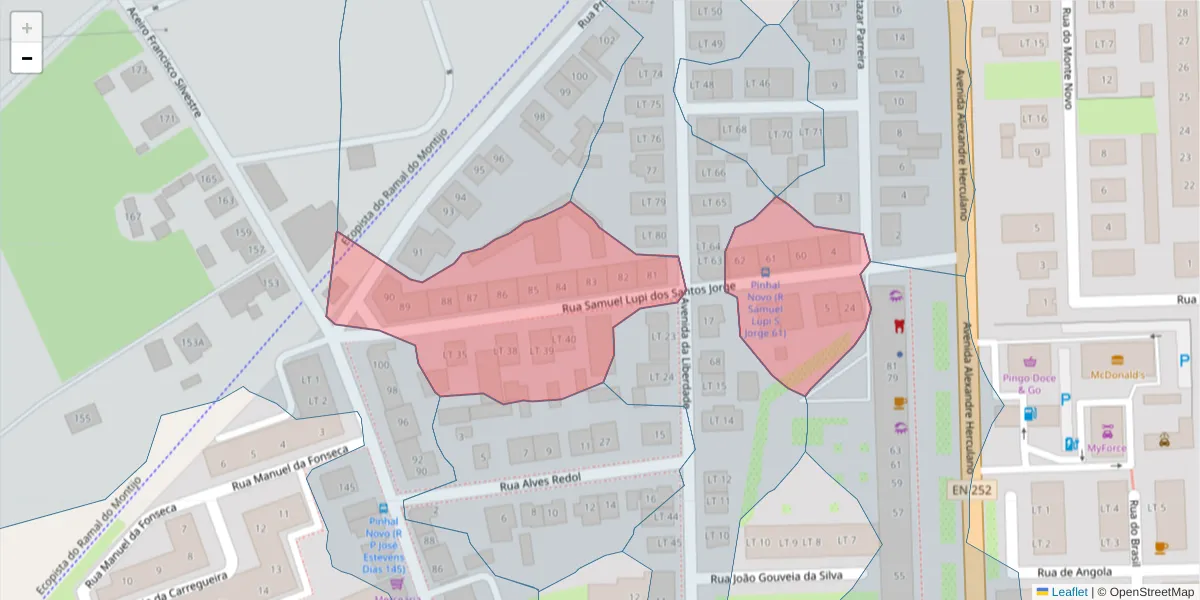 Mapa detalhado do código postal 2955-217 com limites, códigos postais vizinhos e agências dos correios