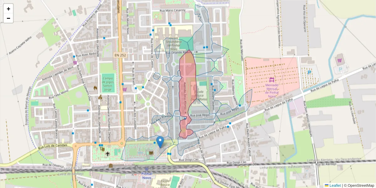 Mapa detalhado do código postal 2955-220 com limites, códigos postais vizinhos e agências dos correios