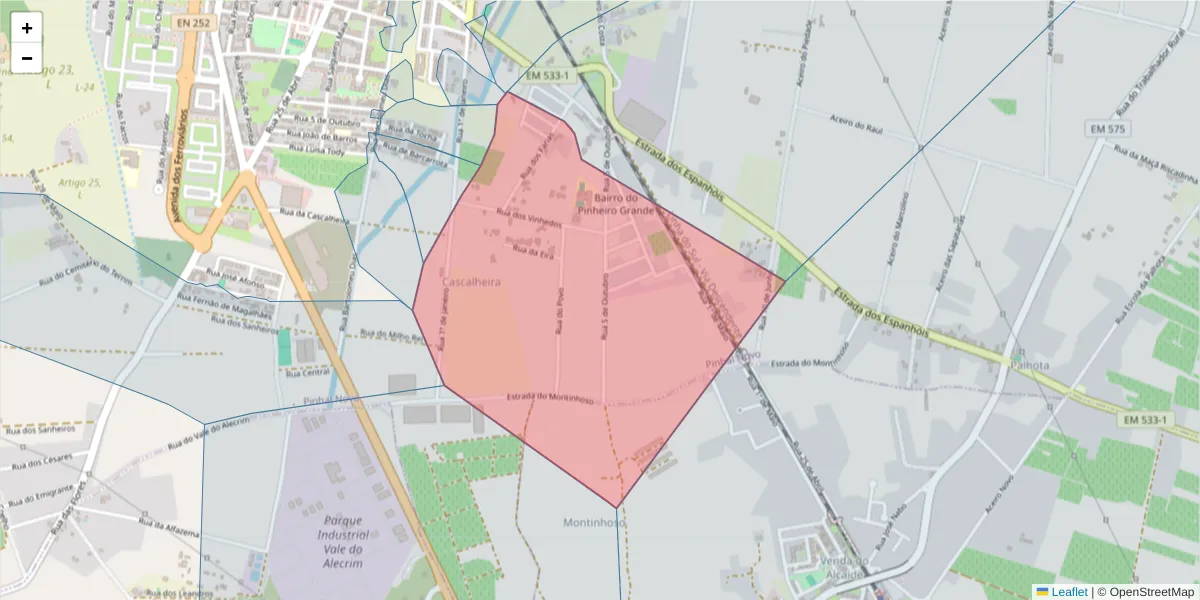 Mapa detalhado do código postal 2955-243 com limites, códigos postais vizinhos e agências dos correios
