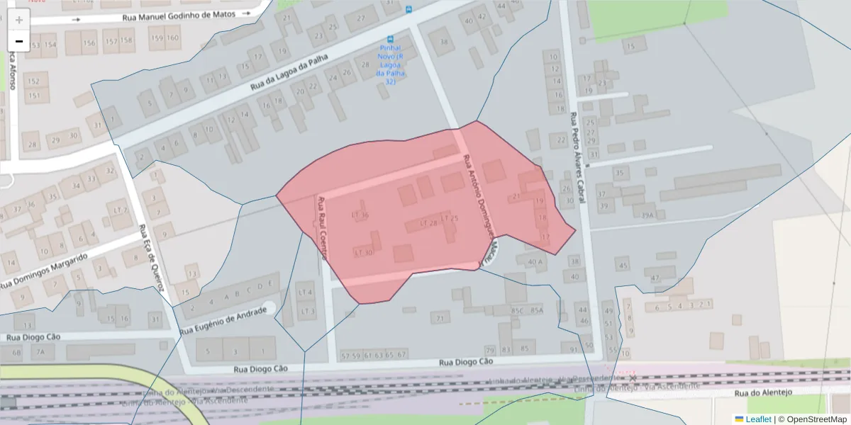 Mapa detalhado do código postal 2955-385 com limites, códigos postais vizinhos e agências dos correios