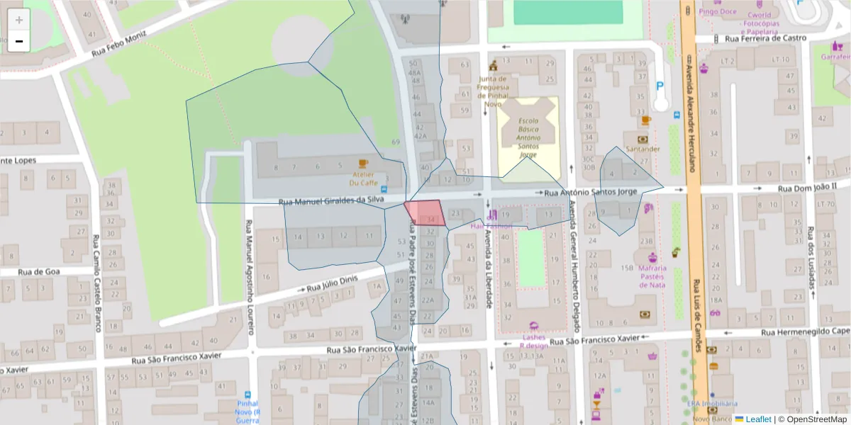 Mapa detalhado do código postal 2955-402 com limites, códigos postais vizinhos e agências dos correios
