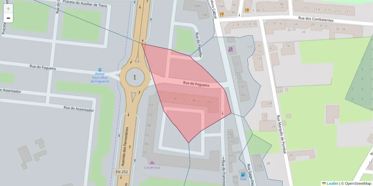 Mapa detalhado do código postal 2955-411 com limites, códigos postais vizinhos e agências dos correios