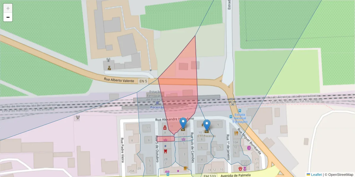 Mapa detalhado do código postal 2965-304 com limites, códigos postais vizinhos e agências dos correios