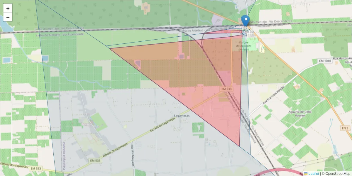 Mapa detalhado do código postal 2965-307 com limites, códigos postais vizinhos e agências dos correios