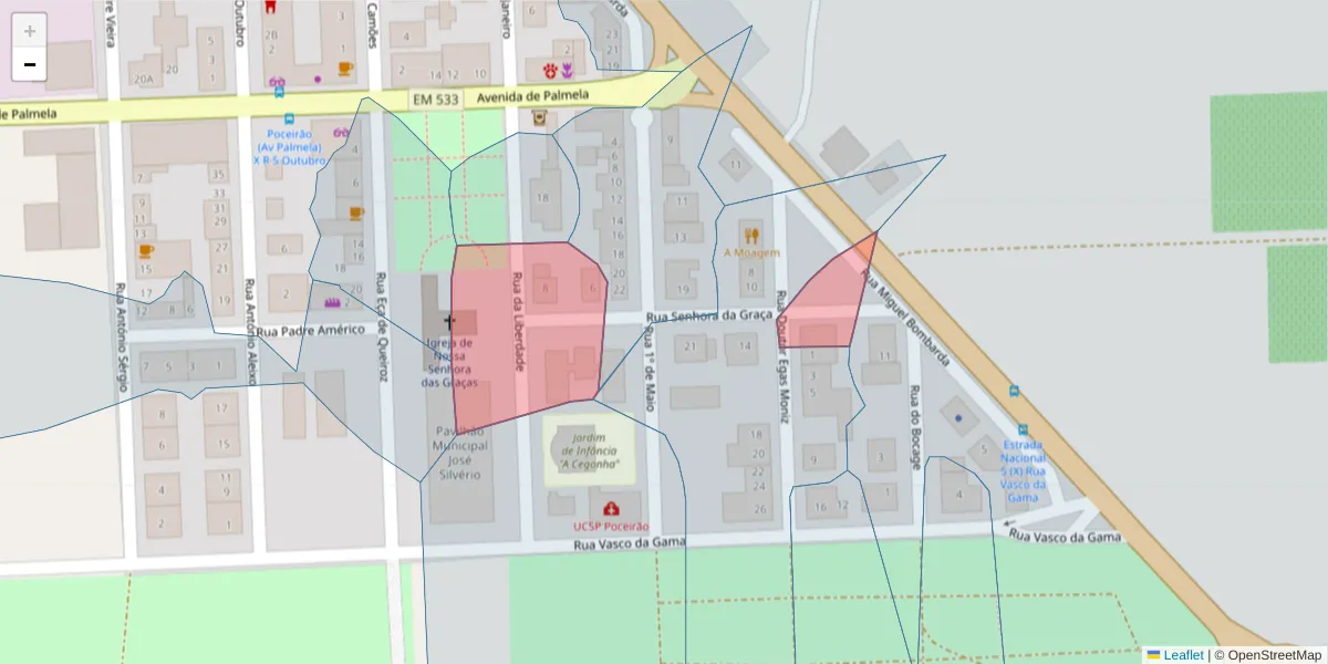 Mapa detalhado do código postal 2965-312 com limites, códigos postais vizinhos e agências dos correios