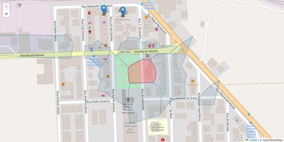 Mapa detalhado do código postal 2965-313 com limites, códigos postais vizinhos e agências dos correios