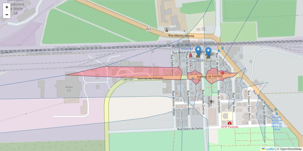 Mapa detalhado do código postal 2965-316 com limites, códigos postais vizinhos e agências dos correios