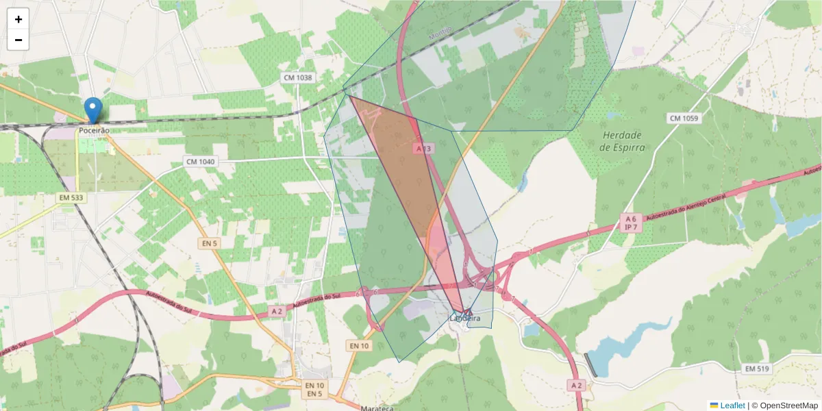 Mapa detalhado do código postal 2965-411 com limites, códigos postais vizinhos e agências dos correios
