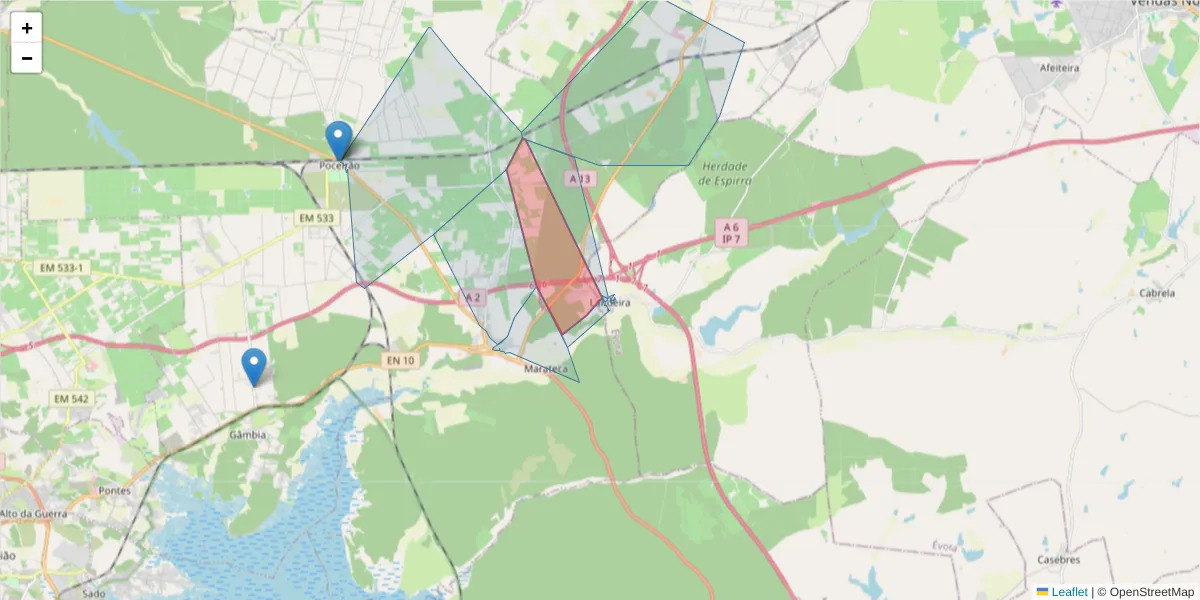 Mapa detalhado do código postal 2965-419 com limites, códigos postais vizinhos e agências dos correios