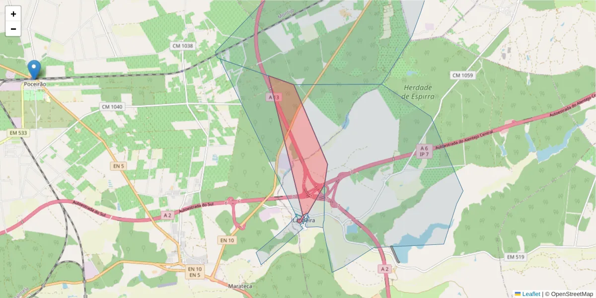 Mapa detalhado do código postal 2965-421 com limites, códigos postais vizinhos e agências dos correios
