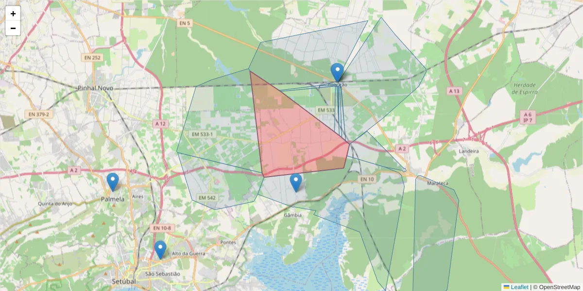 Mapa detalhado do código postal 2965-503 com limites, códigos postais vizinhos e agências dos correios