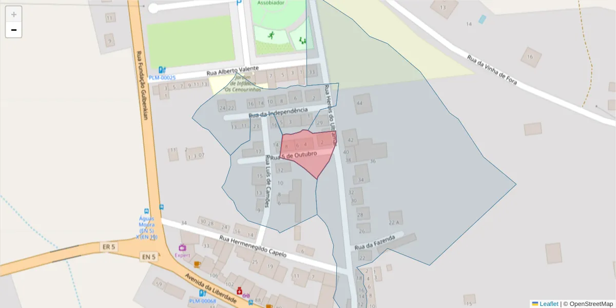 Mapa detalhado do código postal 2965-554 com limites, códigos postais vizinhos e agências dos correios