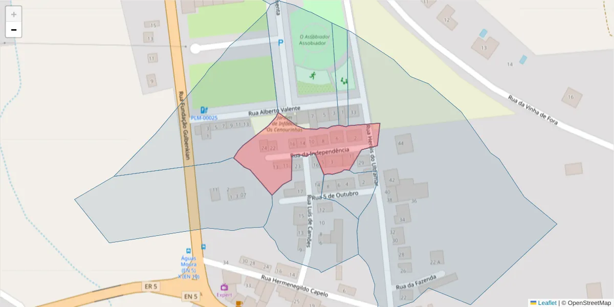 Mapa detalhado do código postal 2965-574 com limites, códigos postais vizinhos e agências dos correios