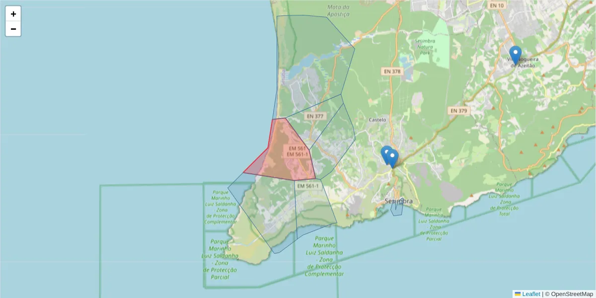 Mapa detalhado do código postal 2970-074 com limites, códigos postais vizinhos e agências dos correios