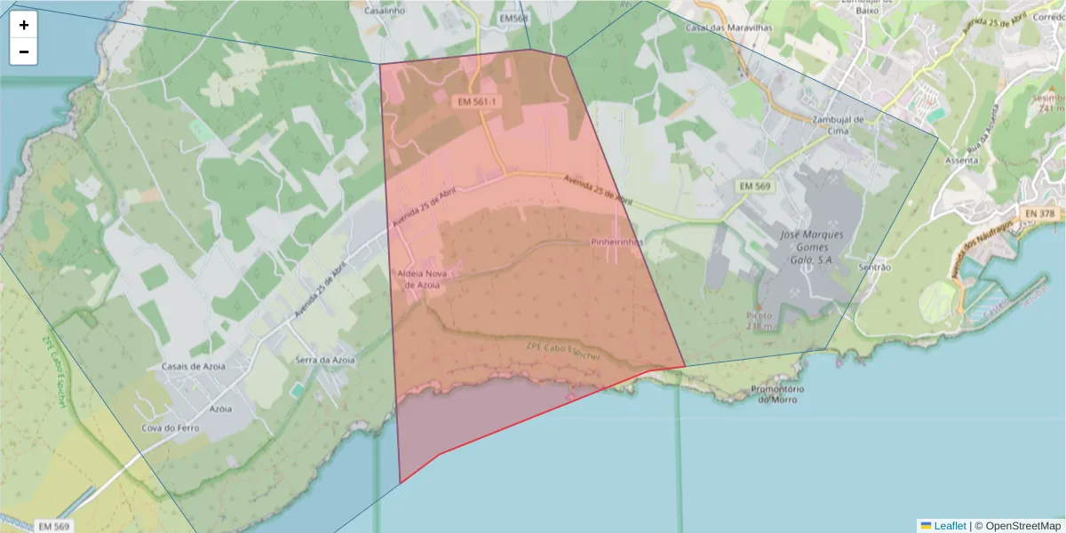 Mapa detalhado do código postal 2970-085 com limites, códigos postais vizinhos e agências dos correios