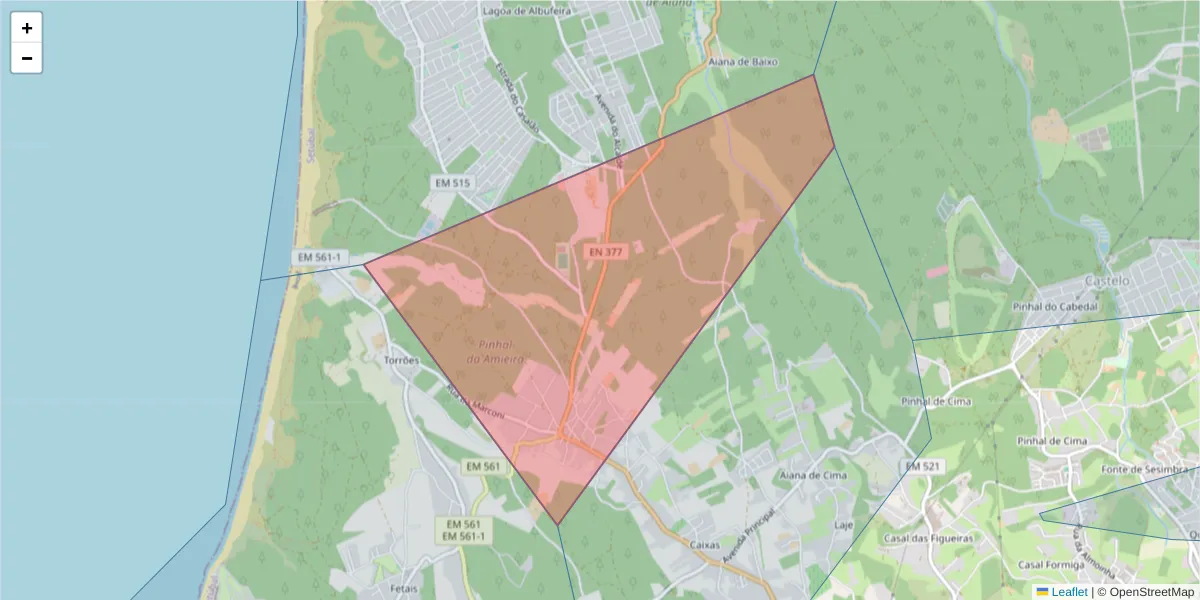 Mapa detalhado do código postal 2970-095 com limites, códigos postais vizinhos e agências dos correios