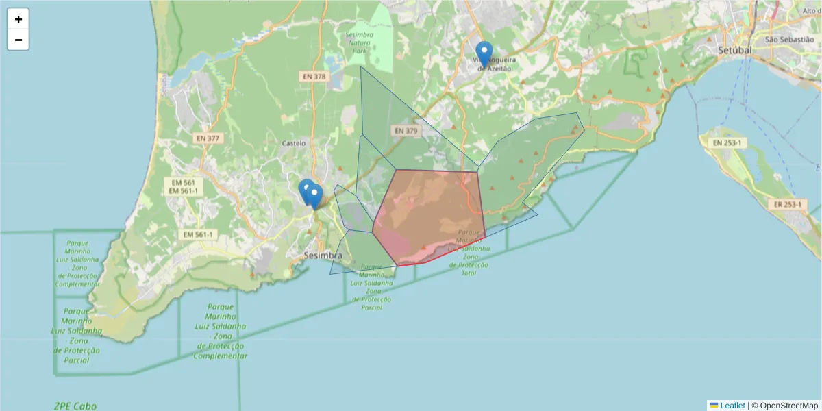 Mapa detalhado do código postal 2970-210 com limites, códigos postais vizinhos e agências dos correios