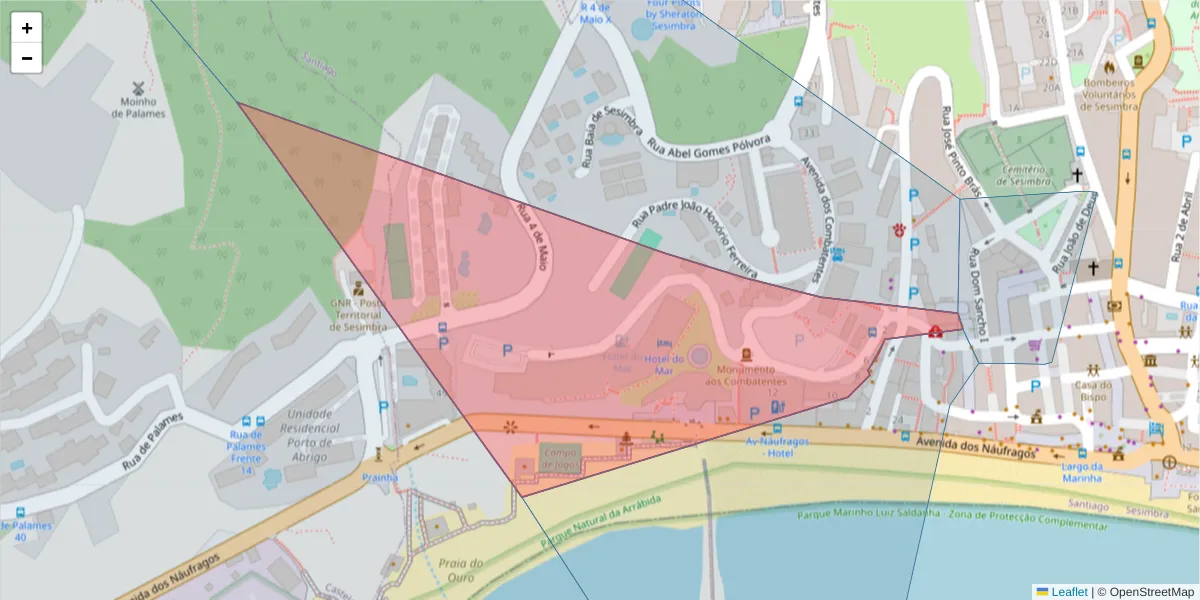 Mapa detalhado do código postal 2970-628 com limites, códigos postais vizinhos e agências dos correios