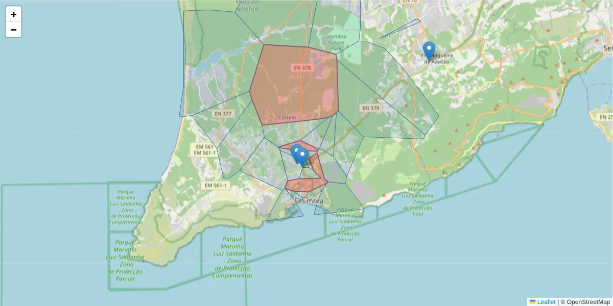 Mapa detalhado do código postal 2970-649 com limites, códigos postais vizinhos e agências dos correios
