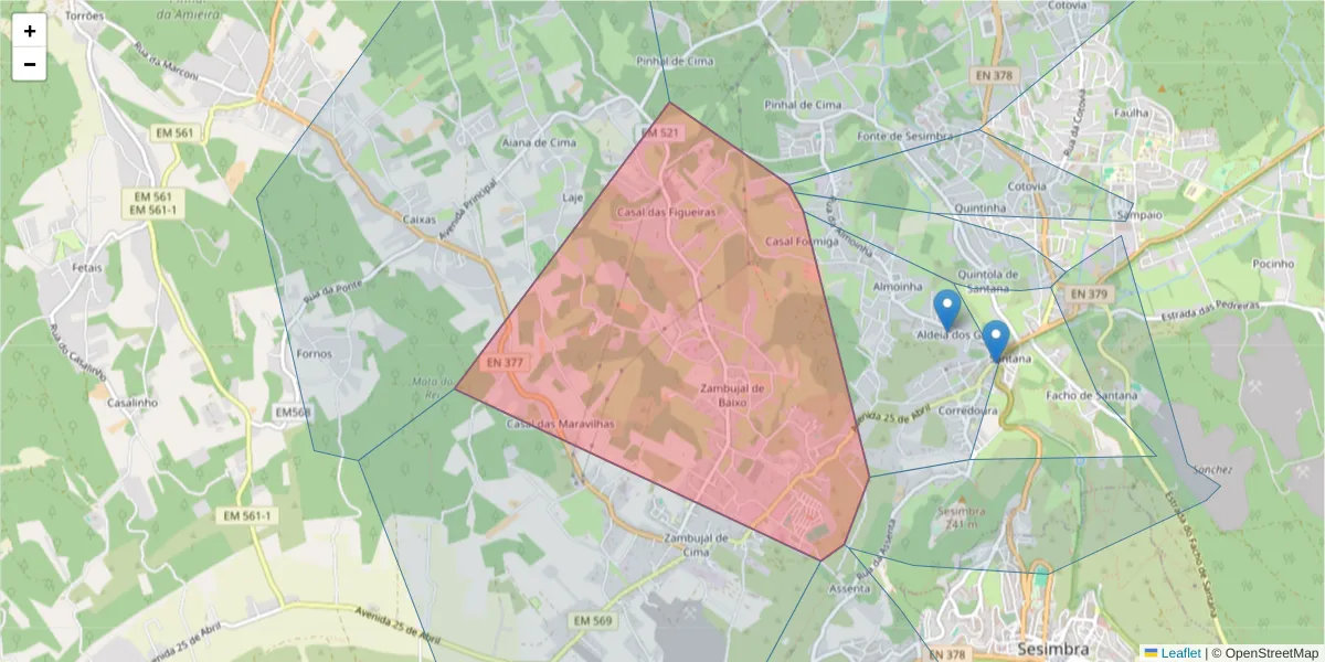 Mapa detalhado do código postal 2970-824 com limites, códigos postais vizinhos e agências dos correios