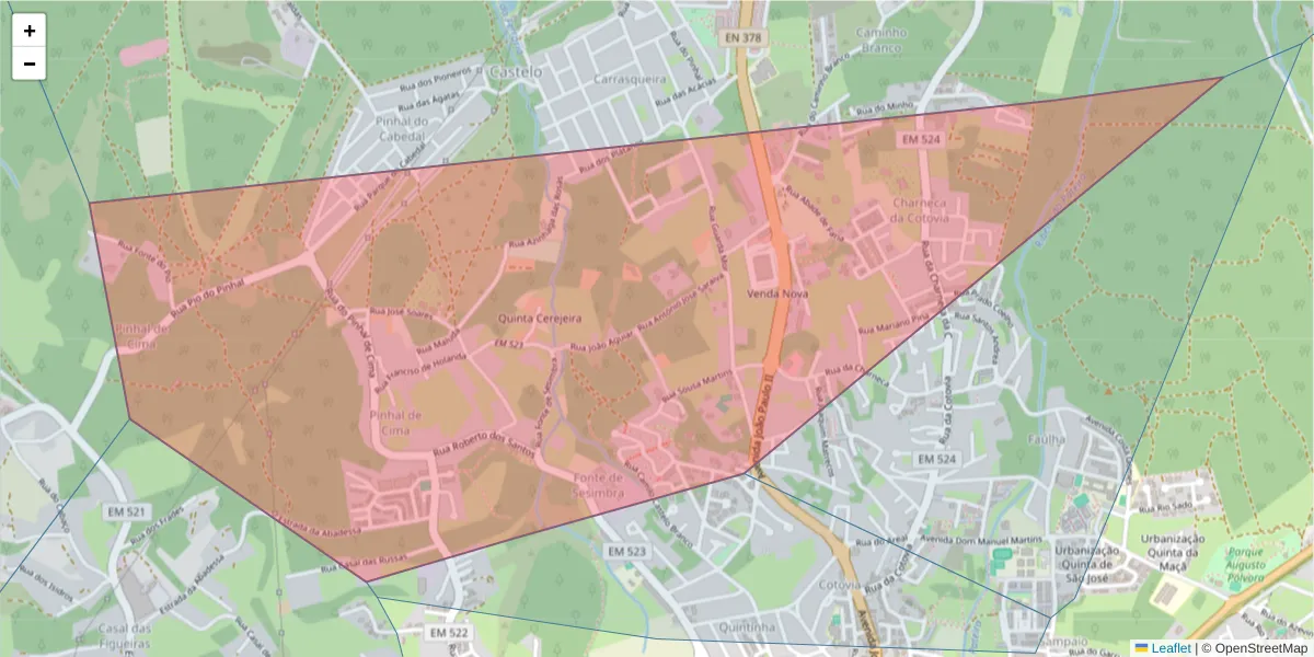 Mapa detalhado do código postal 2970-866 com limites, códigos postais vizinhos e agências dos correios