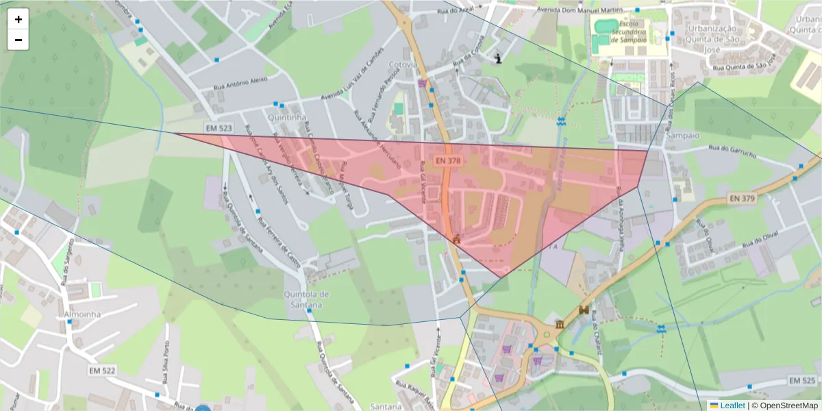 Mapa detalhado do código postal 2970-868 com limites, códigos postais vizinhos e agências dos correios