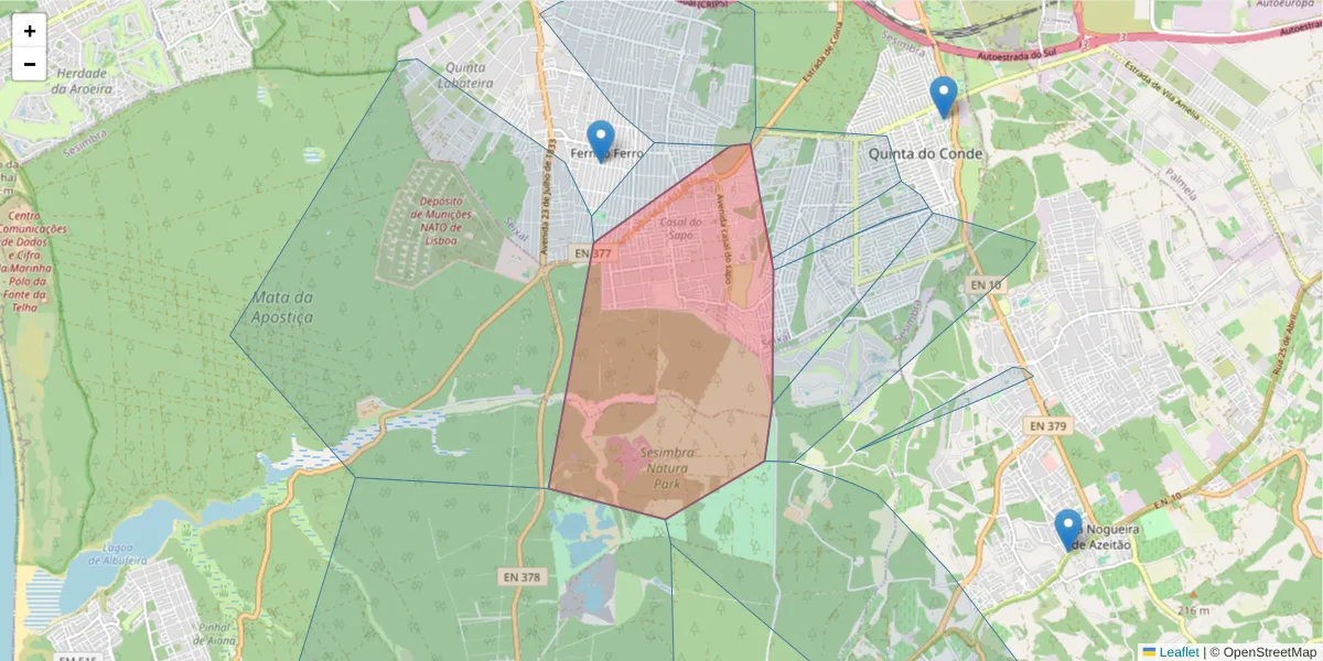 Mapa detalhado do código postal 2975-011 com limites, códigos postais vizinhos e agências dos correios