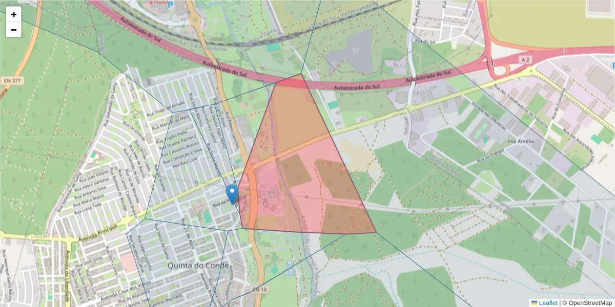 Mapa detalhado do código postal 2975-339 com limites, códigos postais vizinhos e agências dos correios