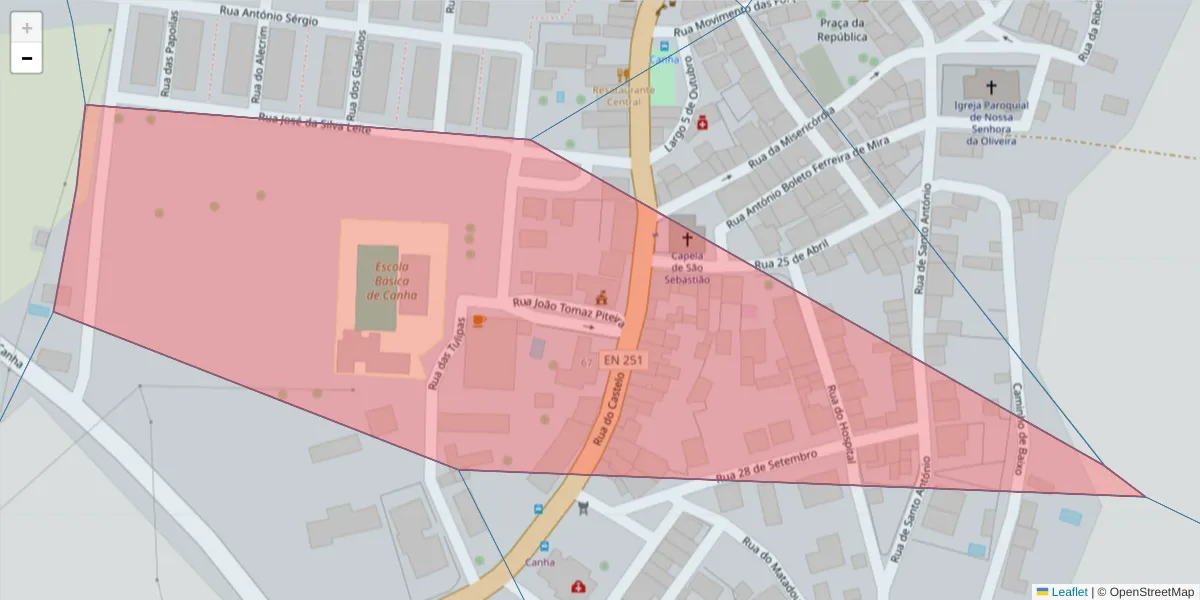 Mapa detalhado do código postal 2985-021 com limites, códigos postais vizinhos e agências dos correios