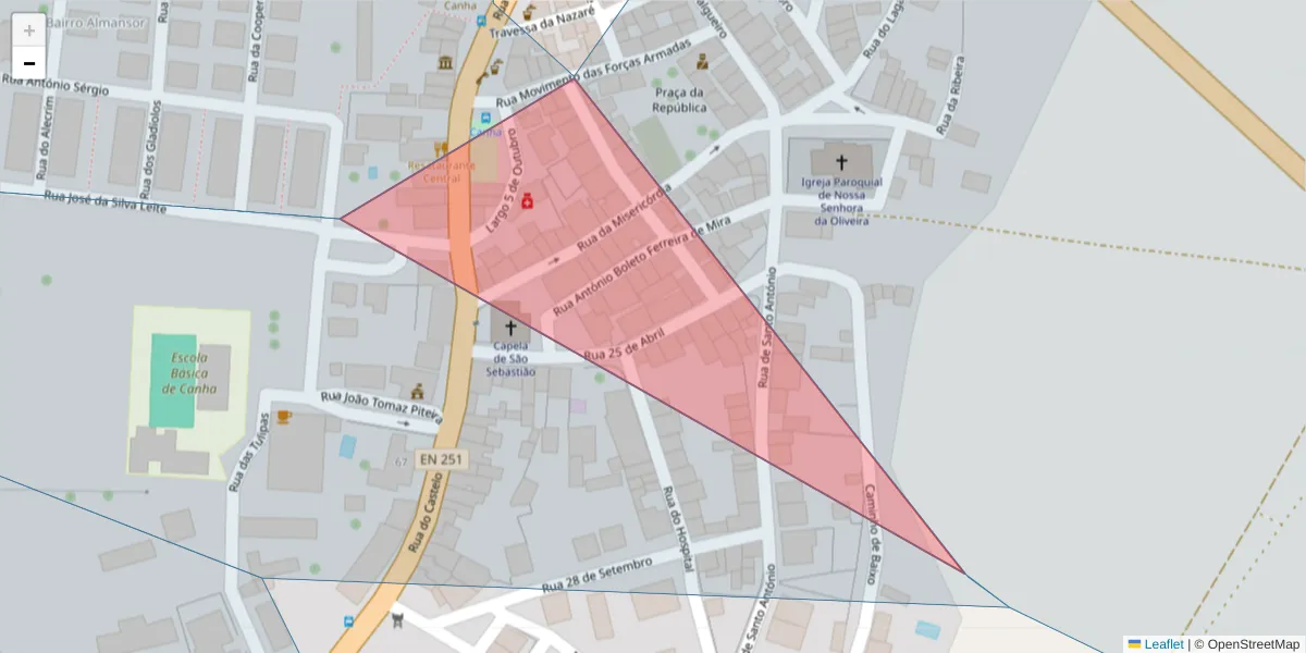 Mapa detalhado do código postal 2985-026 com limites, códigos postais vizinhos e agências dos correios