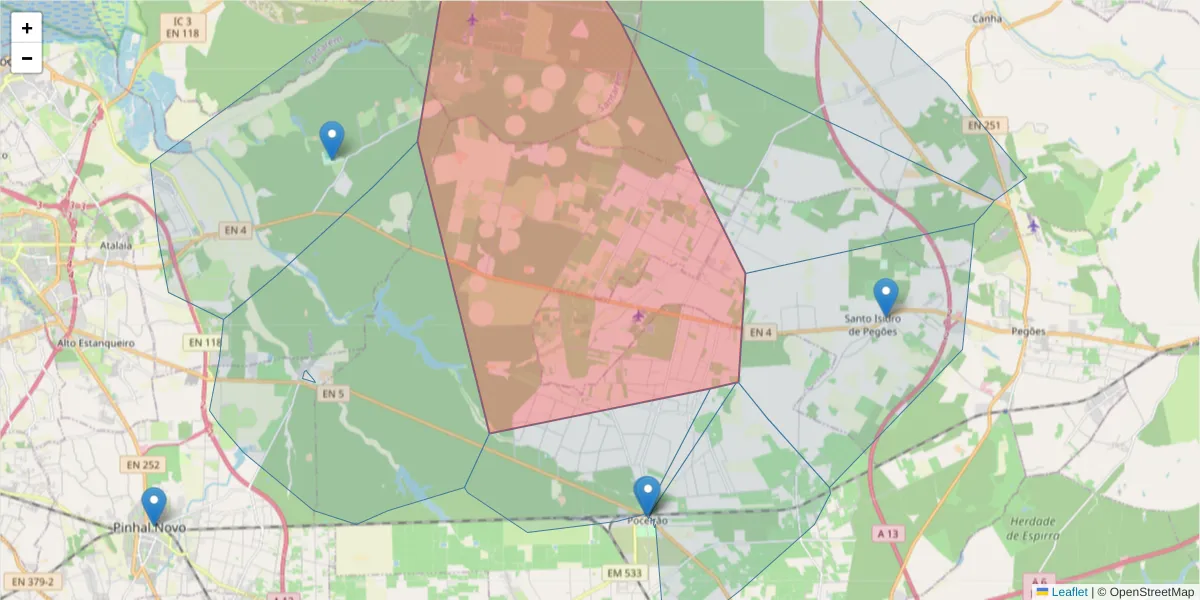 Mapa detalhado do código postal 2985-110 com limites, códigos postais vizinhos e agências dos correios