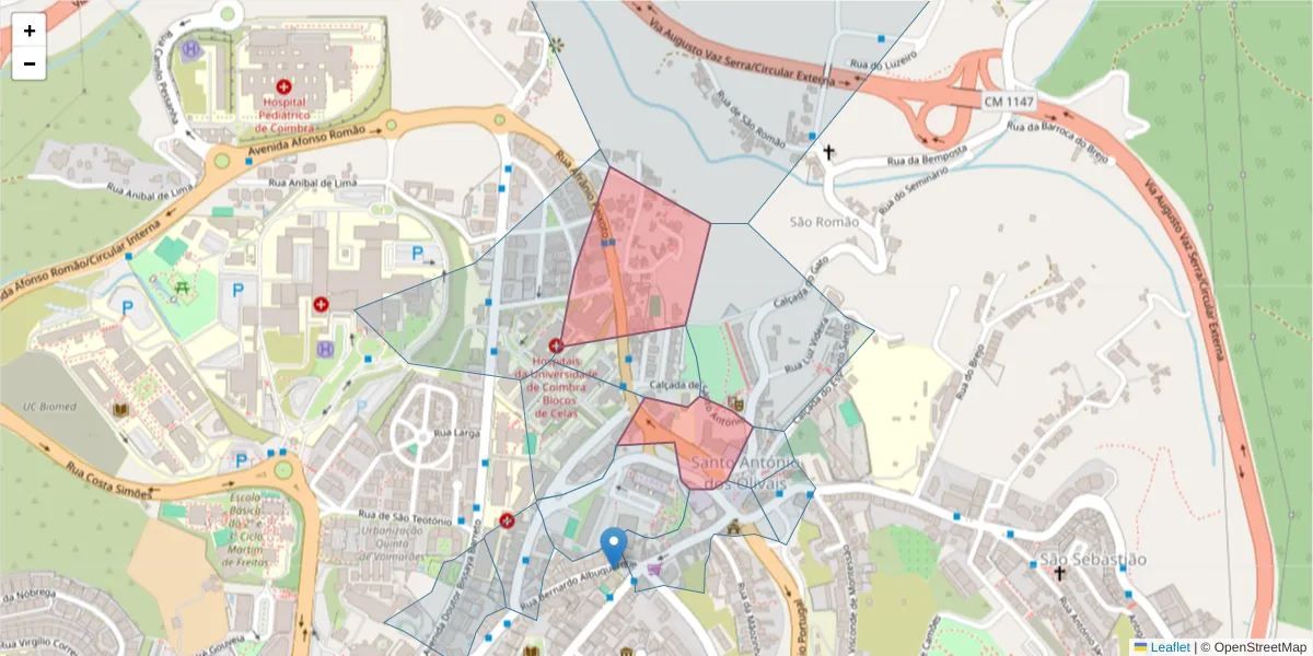 Mapa detalhado do código postal 3000-013 com limites, códigos postais vizinhos e agências dos correios