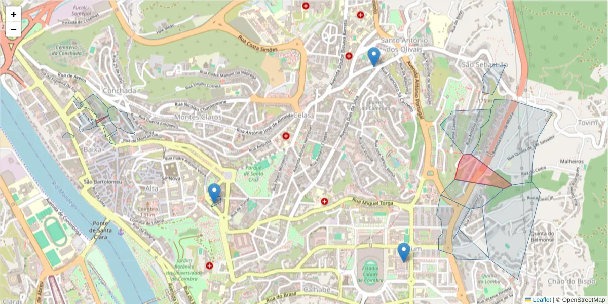 Mapa detalhado do código postal 3000-036 com limites, códigos postais vizinhos e agências dos correios
