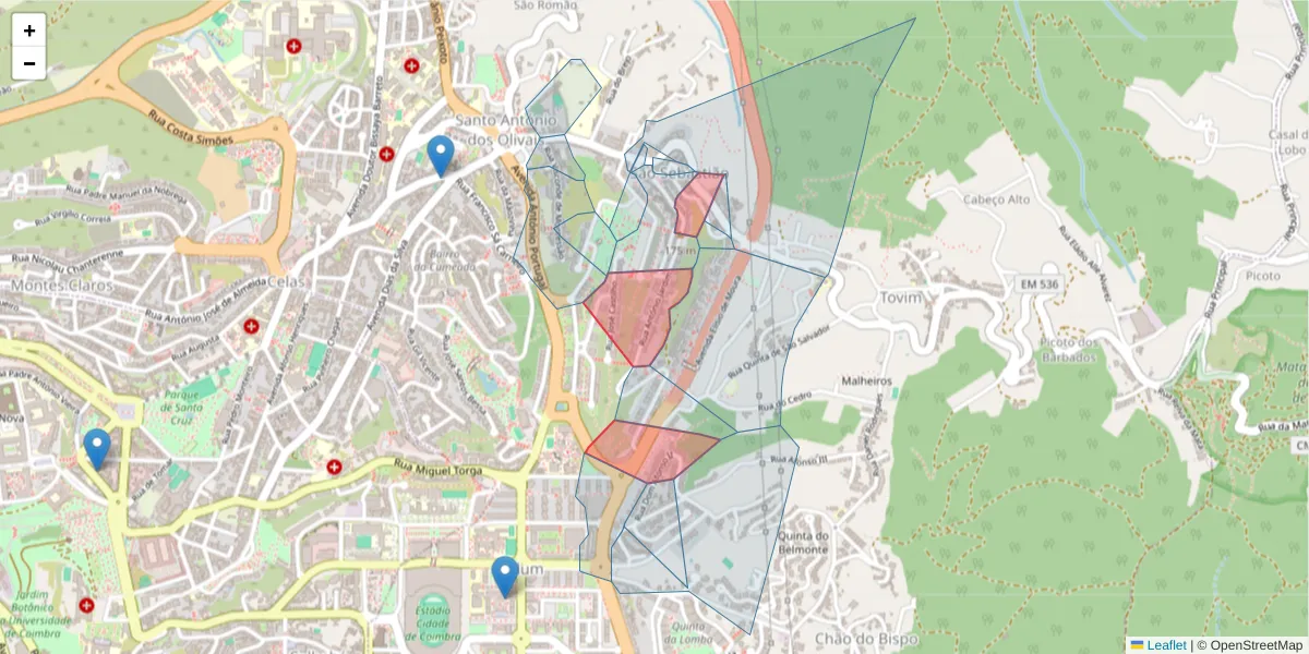 Mapa detalhado do código postal 3000-038 com limites, códigos postais vizinhos e agências dos correios
