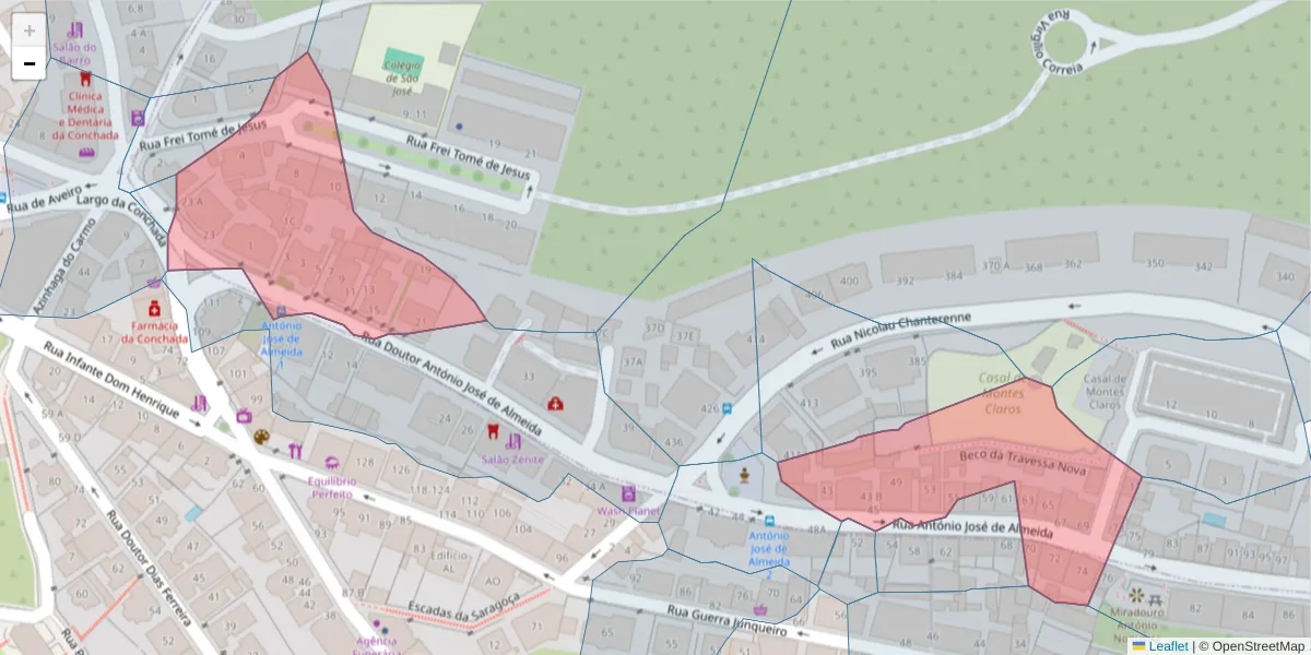 Mapa detalhado do código postal 3000-043 com limites, códigos postais vizinhos e agências dos correios