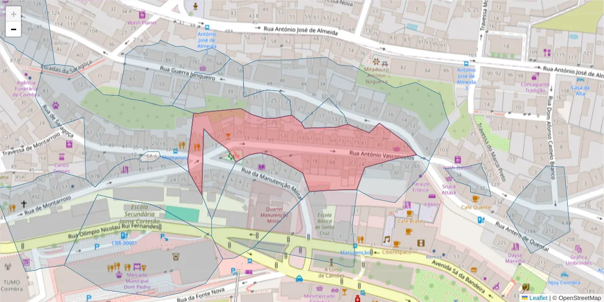 Mapa detalhado do código postal 3000-054 com limites, códigos postais vizinhos e agências dos correios