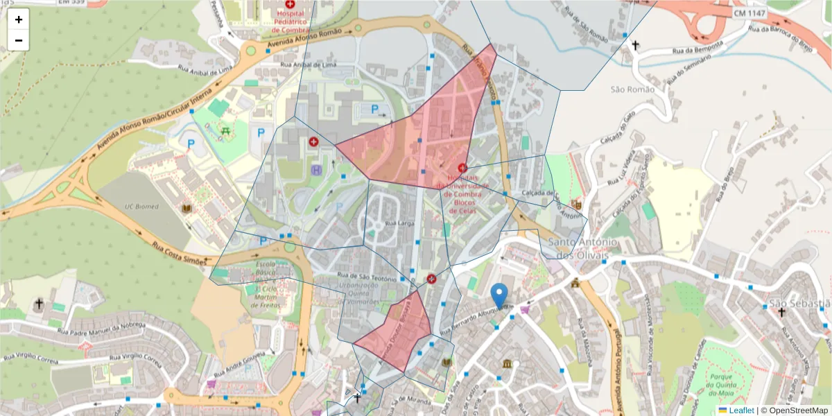 Mapa detalhado do código postal 3000-075 com limites, códigos postais vizinhos e agências dos correios
