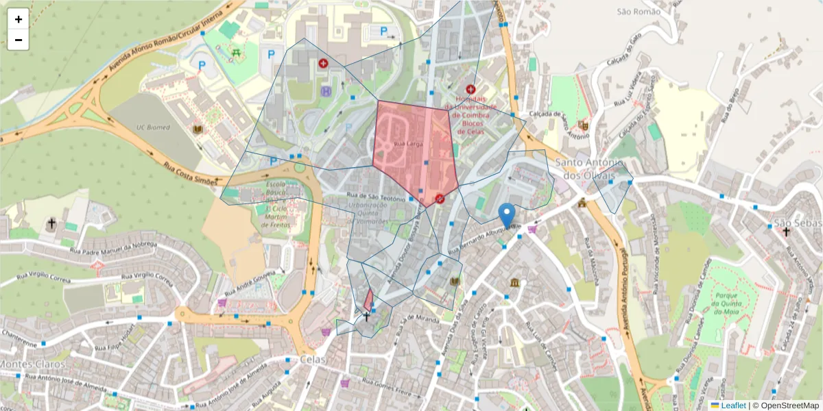 Mapa detalhado do código postal 3000-076 com limites, códigos postais vizinhos e agências dos correios