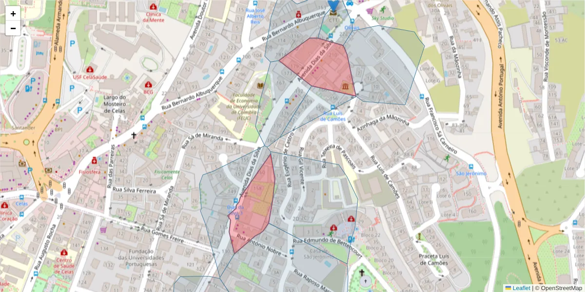 Mapa detalhado do código postal 3000-135 com limites, códigos postais vizinhos e agências dos correios