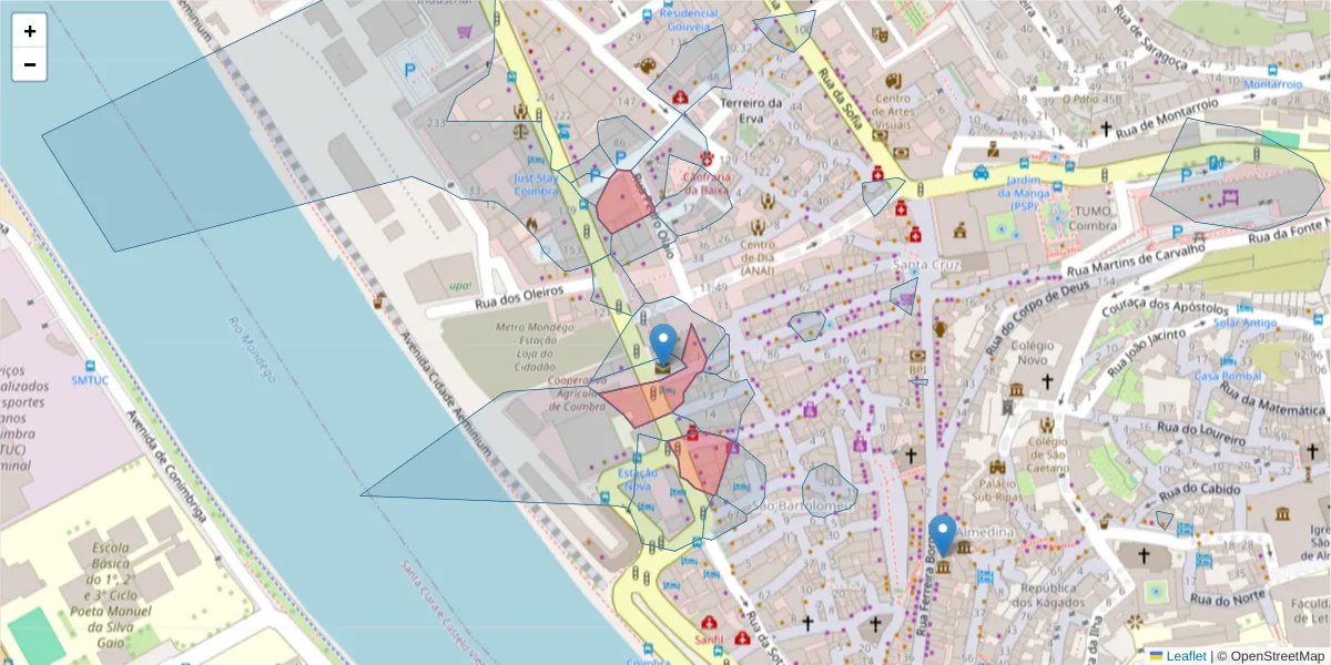 Mapa detalhado do código postal 3000-171 com limites, códigos postais vizinhos e agências dos correios