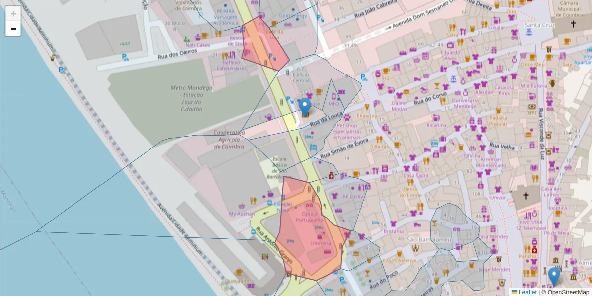 Mapa detalhado do código postal 3000-175 com limites, códigos postais vizinhos e agências dos correios