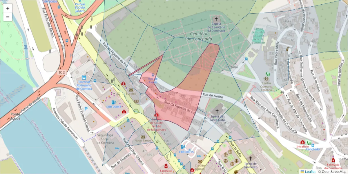 Mapa detalhado do código postal 3000-182 com limites, códigos postais vizinhos e agências dos correios