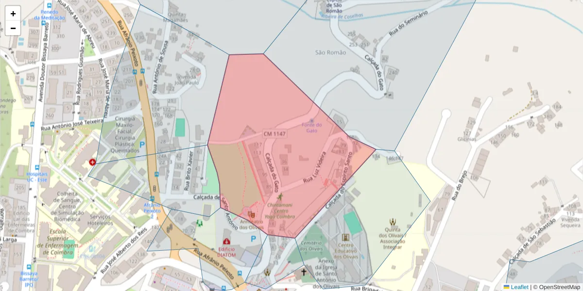 Mapa detalhado do código postal 3000-199 com limites, códigos postais vizinhos e agências dos correios